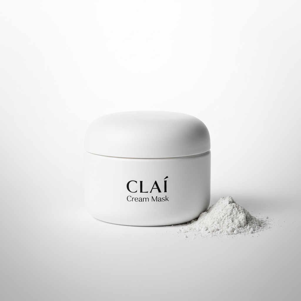 CLAI Cream Mask product jar with Welsh kaolin clay powder on clean background